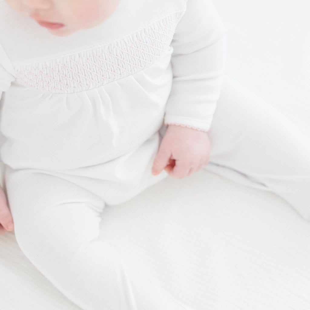 Essentials White with Pink Trim Smocked Footie