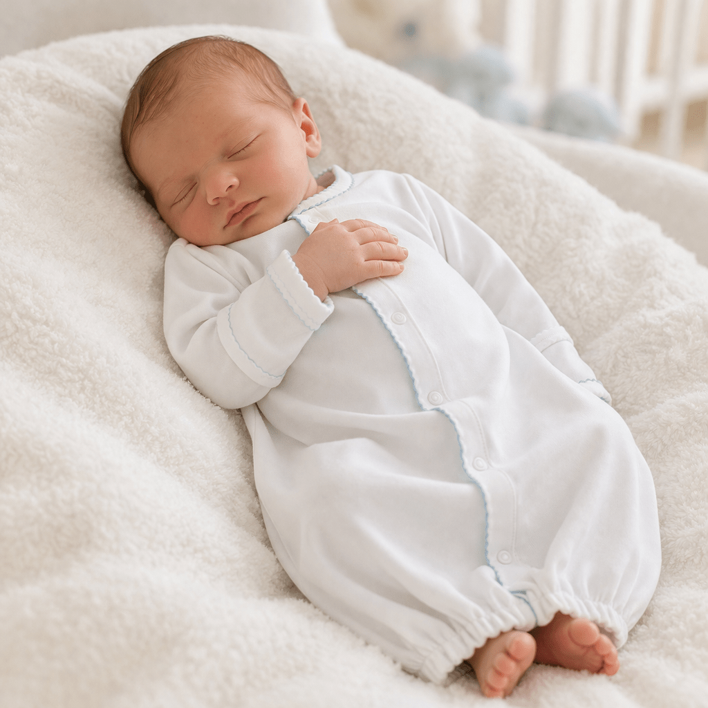 White Converter Gown with Blue Trim - Newborn Essential