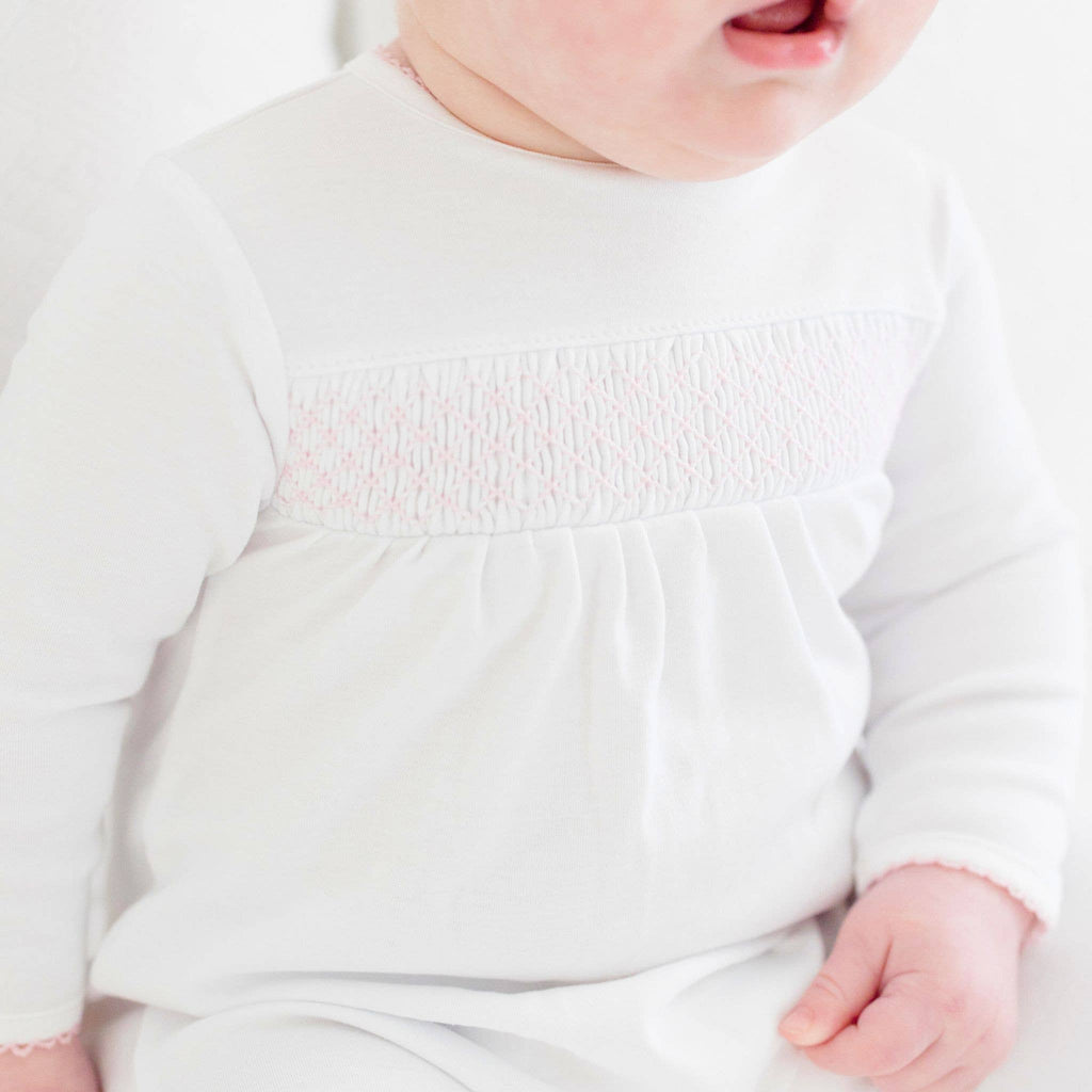 Essentials White with Pink Trim Smocked Footie