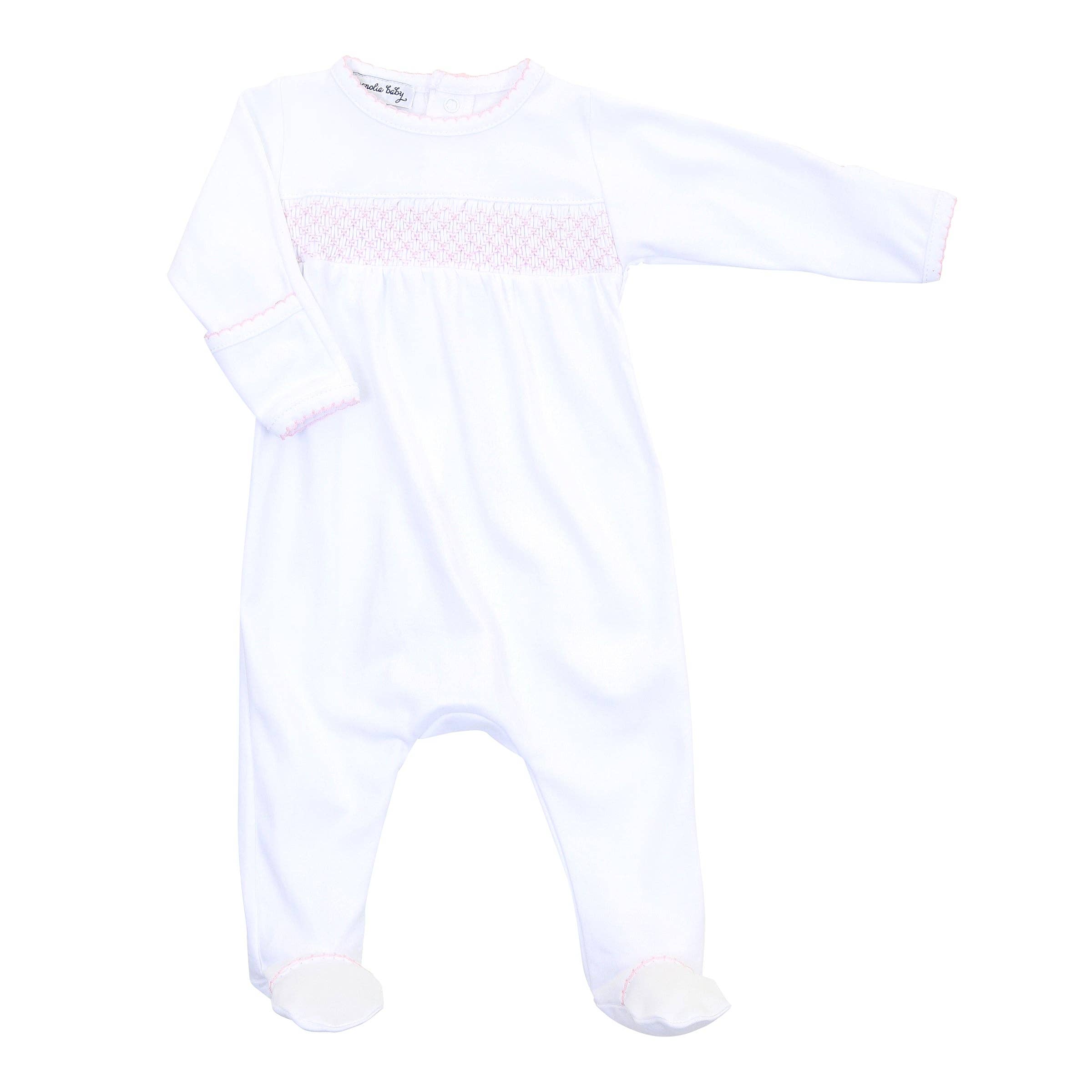 Essentials White with Pink Trim Smocked Footie