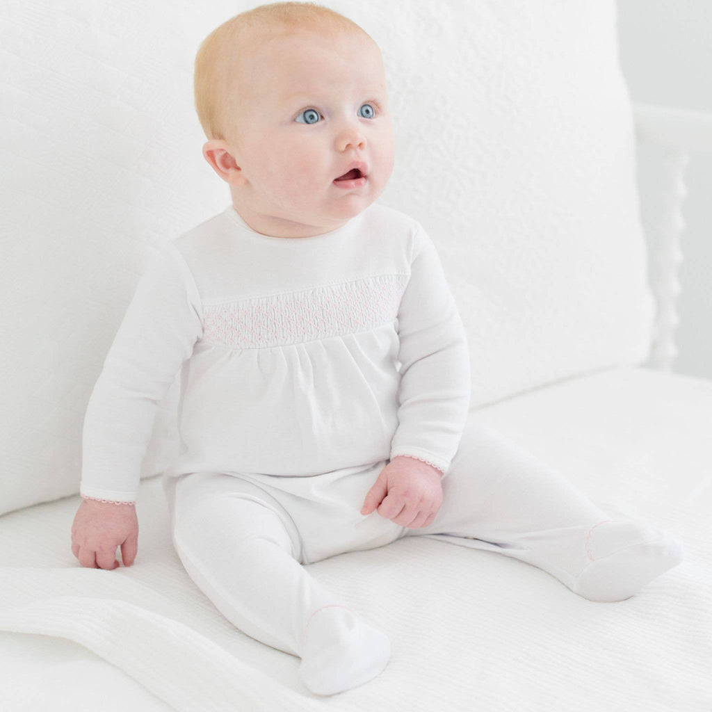 Essentials White with Pink Trim Smocked Footie