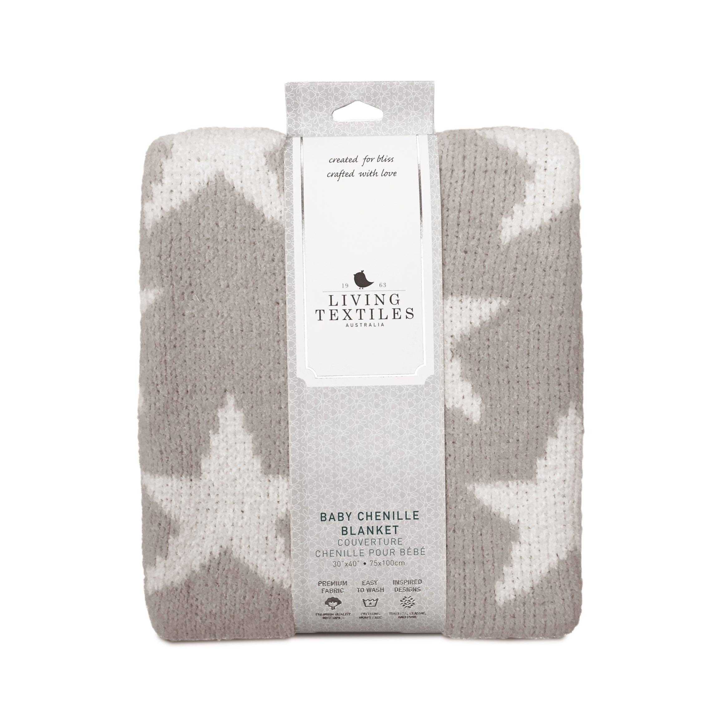 Chenille Baby Blanket - Grey Stars